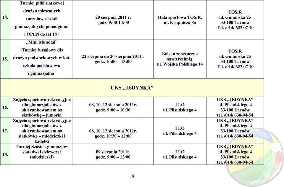 10:00 13:00 Boisko ze sztuczną nawierzchnią, ul. Wojska Polskiego 14 TOSiR ul. Gumniska 25 Tel. /014/ 622 07 10 UKS JEDYNKA 16. 17. 18.