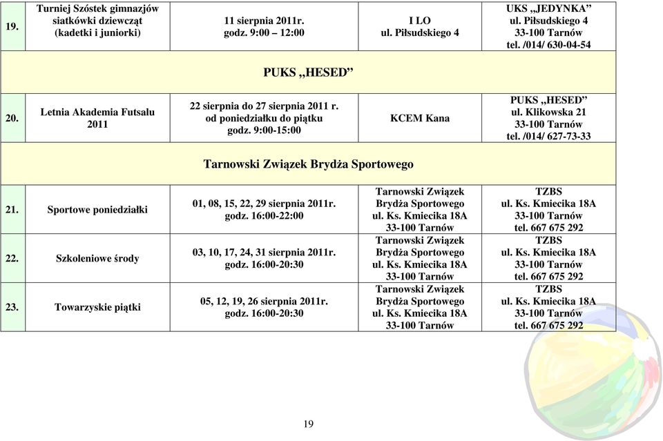 /014/ 627-73-33 Tarnowski Związek BrydŜa Sportowego 21. Sportowe poniedziałki 22. Szkoleniowe środy 23. Towarzyskie piątki 01, 08, 15, 22, 29 sierpnia 2011r. godz.