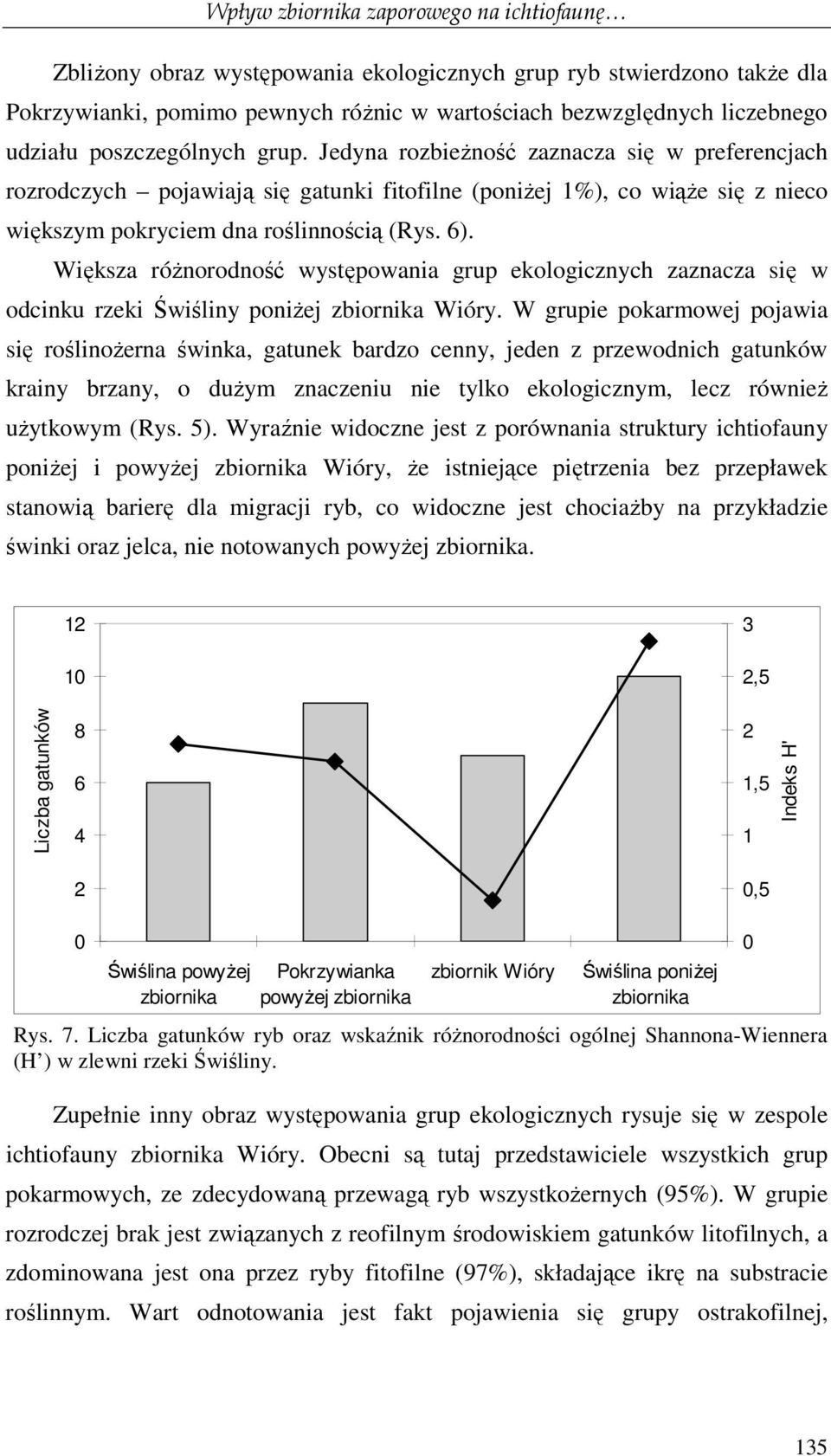 Większa róŝnorodność występowania grup ekologicznych zaznacza się w odcinku rzeki Świśliny poniŝej zbiornika Wióry.