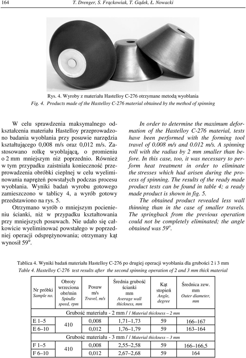 Products made of the Hastelloy C-276 material obtained by the method of spinning W celu sprawdzenia maksymalnego odkształcenia materiału Hastelloy przeprowadzono badania wyoblania przy posuwie