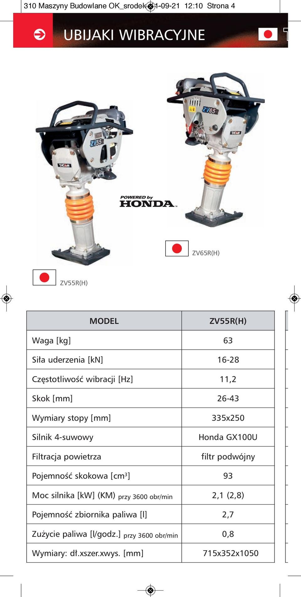 powietrza 335x250 Honda GX100U filtr podwójny PojemnoÊç skokowa [cm 3 ] 93 Moc silnika [kw] (KM) przy 3600 obr/min 2,1