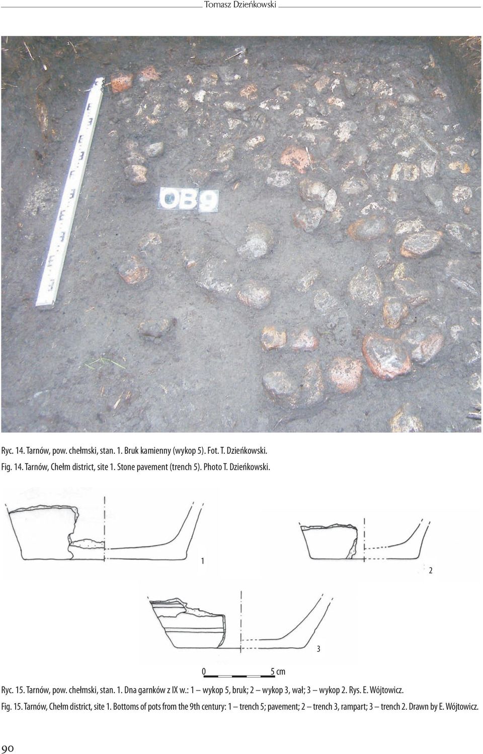 : 1 wykop 5, bruk; 2 wykop 3, wał; 3 wykop 2. Rys. E. Wójtowicz. Fig. 15. Tarnów, Chełm district, site 1.