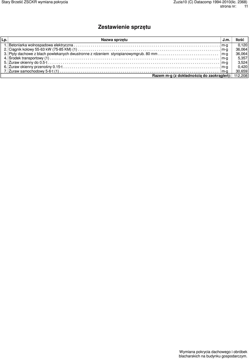 80 mm............................. m-g 36,064 4. Środek transportowy (1)................................................................................. m-g 5,357 5. Żuraw okienny do 0.5 t.