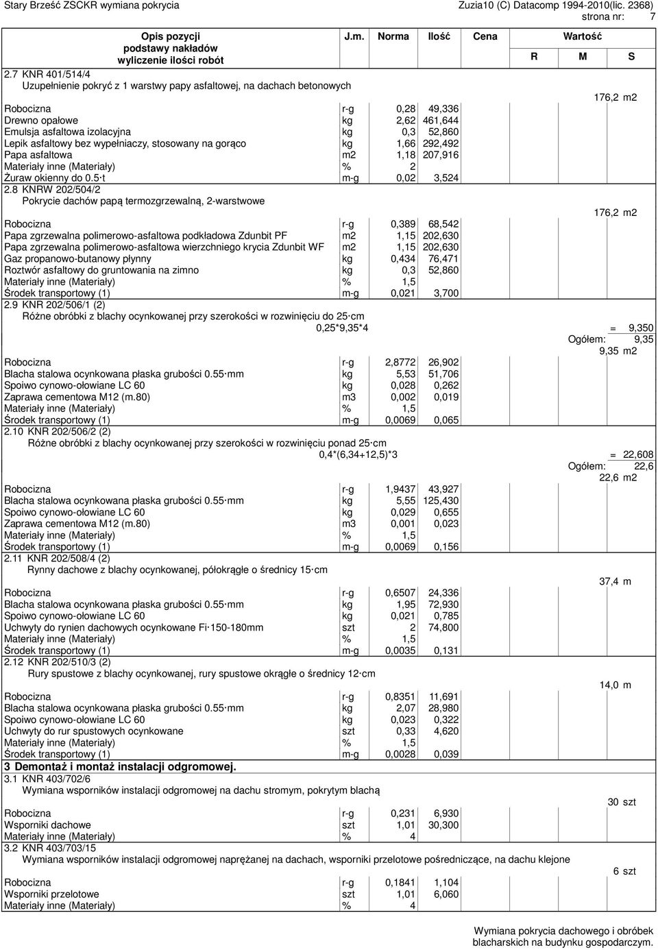 Lepik asfaltowy bez wypełniaczy, stosowany na gorąco kg 1,66 292,492 Papa asfaltowa m2 1,18 207,916 Materiały inne (Materiały) % 2 Żuraw okienny do 0.5 t m-g 0,02 3,524 2.