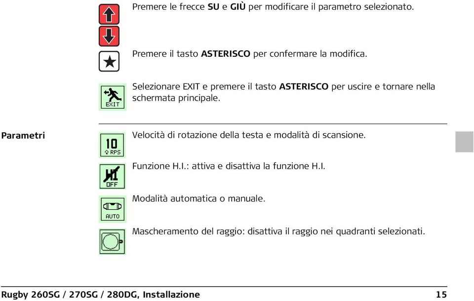 Parametri Velocità di rotazione della testa e modalità di scansione. Funzione H.I.: attiva e disattiva la funzione H.I. Modalità automatica o manuale.