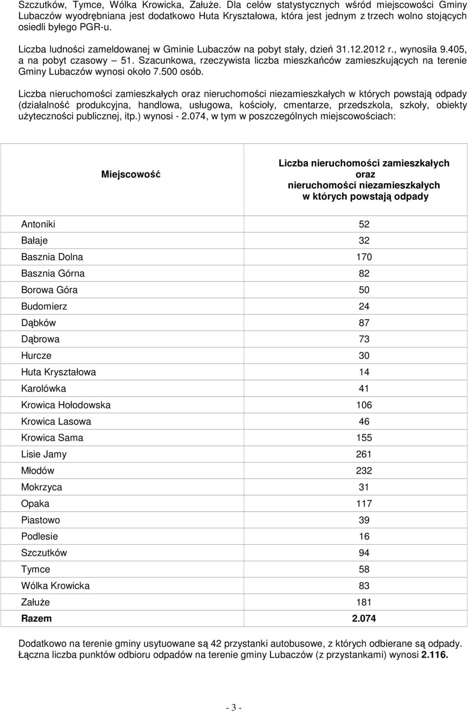 Liczba ludności zameldowanej w Gminie Lubaczów na pobyt stały, dzień 31.12.2012 r., wynosiła 9.405, a na pobyt czasowy 51.