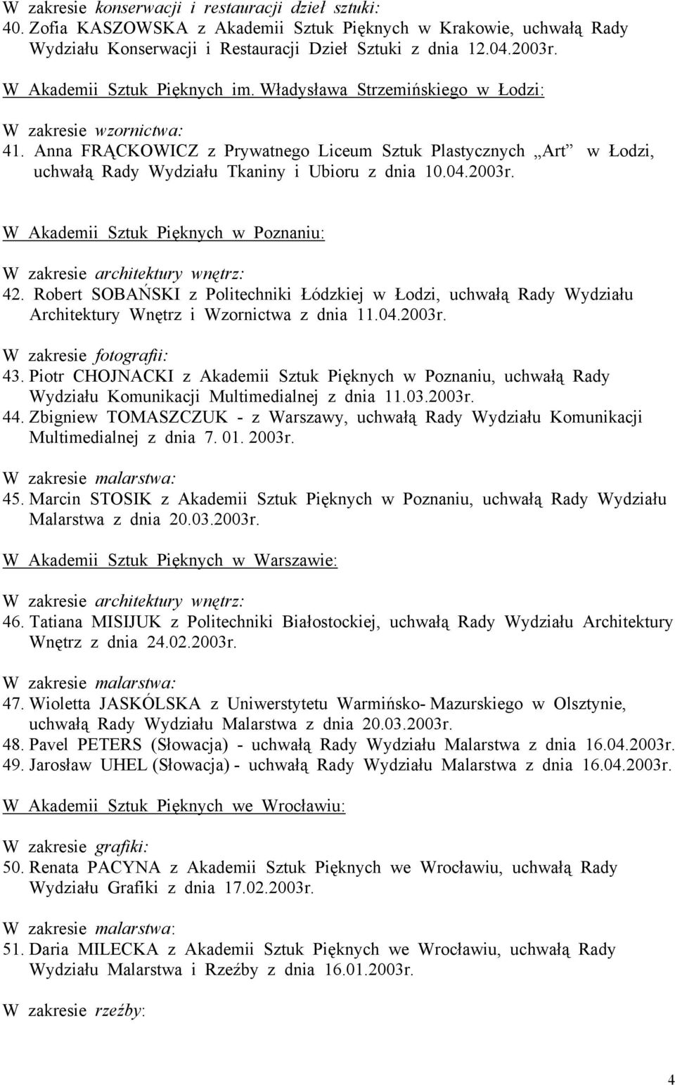 Anna FRĄCKOWICZ z Prywatnego Liceum Sztuk Plastycznych Art w Łodzi, uchwałą Rady Wydziału Tkaniny i Ubioru z dnia 10.04.2003r. W Akademii Sztuk Pięknych w Poznaniu: W zakresie architektury wnętrz: 42.