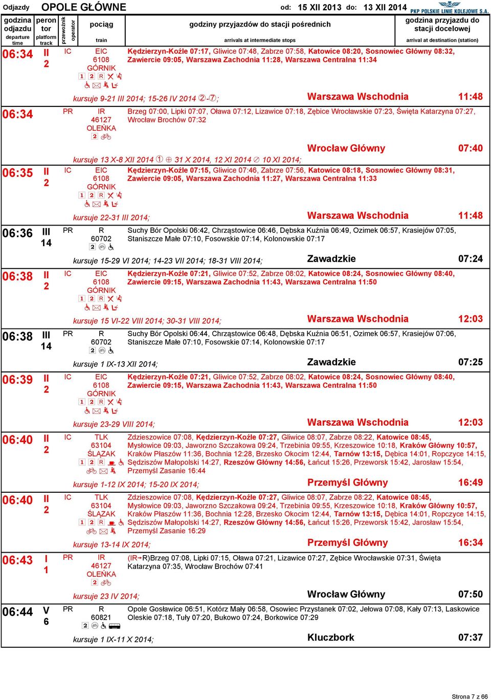 07:, Lizawice 07:8, Zębice Wrocławskie 07:, Święta Katarzyna 07:7, Wrocław Brochów 07: Wrocław Główny 07:0 kursuje X-8 XII 0 F + X 0, XI 0 / 0 XI 0; E Kędzierzyn-Koźle 07:5, Gliwice 07:, Zabrze 07:5,