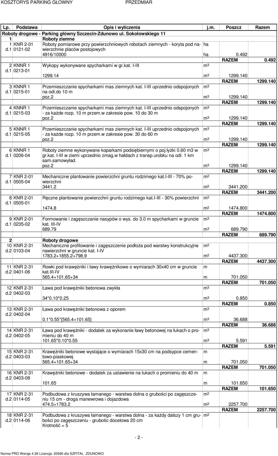 0505-0 Roboty pomiarowe przy powierzchniowych robotach ziemnych - koryta pod nawierzchnie ha placów postojowych 496/0000 ha 0.492 RAZEM 0.492 Wykopy wykonywane spycharkami w gr.kat. I-III 299.4 299.