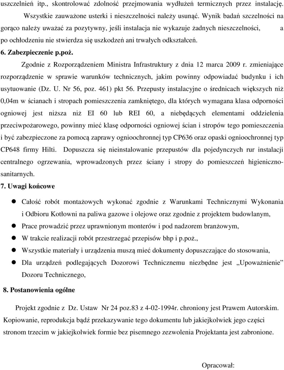 Zabezpieczenie p.poż. Zgodnie z Rozporządzeniem Ministra Infrastruktury z dnia 12 marca 2009 r.