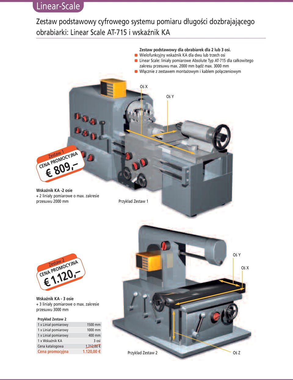 3000 mm Włącznie z zestawem montażowym i kablem połączeniowym Oś X Oś Y Zestaw 1 809, Wskaźnik KA -2 osie + 2 liniały pomiarowe o max. zakresie przesuwu 2000 mm Przykład Zestaw 1 Zestaw 2 1.