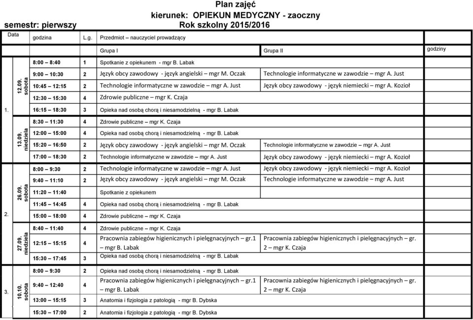 Just Język obcy zawodowy - język niemiecki mgr A. Kozioł 12:30 15:30 4 Zdrowie publiczne mgr K. Czaja 1. 16:15 18:30 3 Opieka nad osobą chorą i niesamodzielną - mgr B.