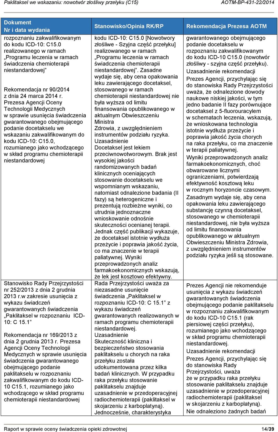 Prezesa Agencji Oceny Technologii Medycznych w sprawie usunięcia świadczenia gwarantowanego obejmującego podanie docetakselu we wskazaniu zakwalifikowanym do kodu ICD-10: C15.