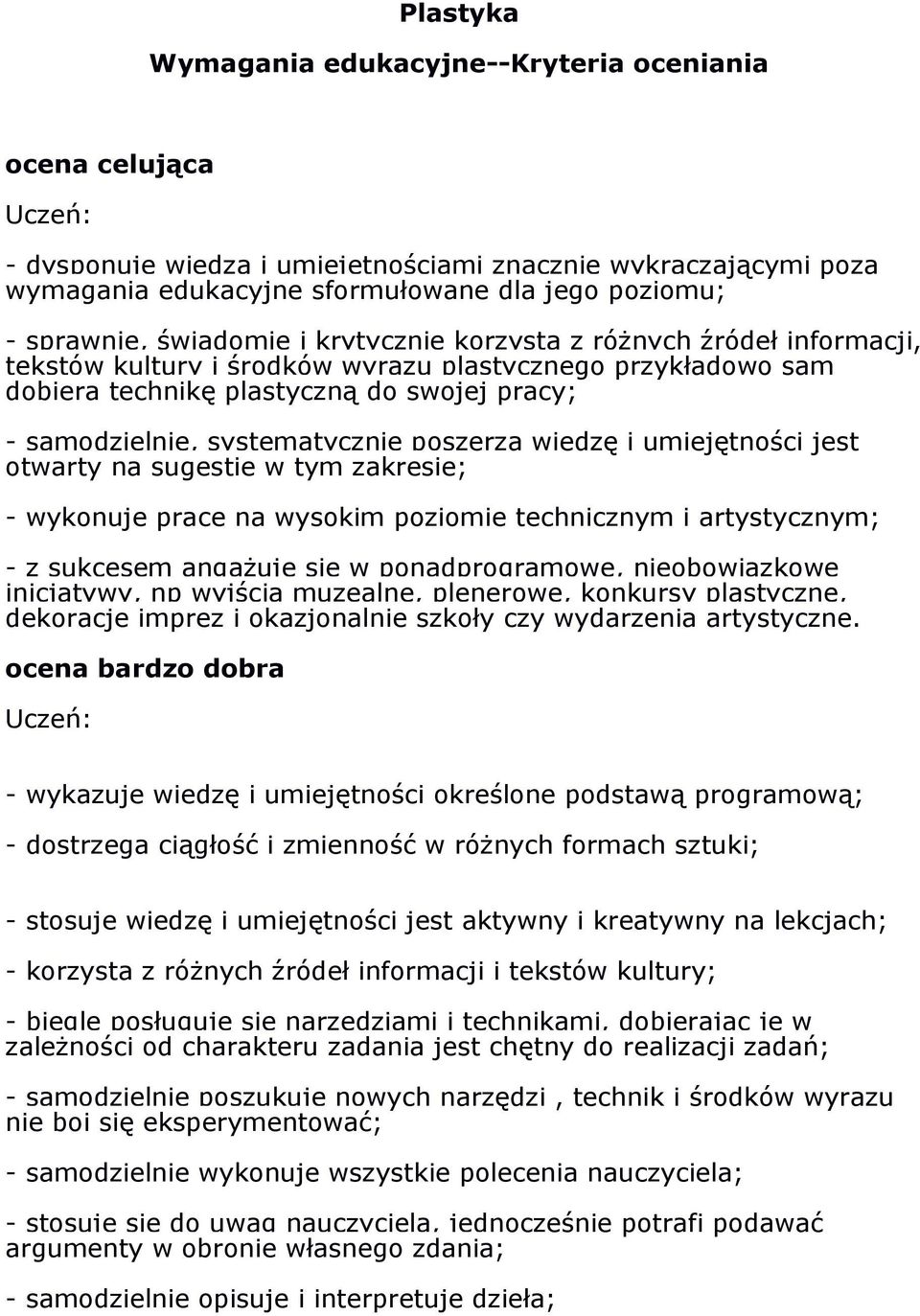 poszerza wiedzę i umiejętności jest otwarty na sugestie w tym zakresie; - wykonuje prace na wysokim poziomie technicznym i artystycznym; - z sukcesem angażuje się w ponadprogramowe, nieobowiązkowe