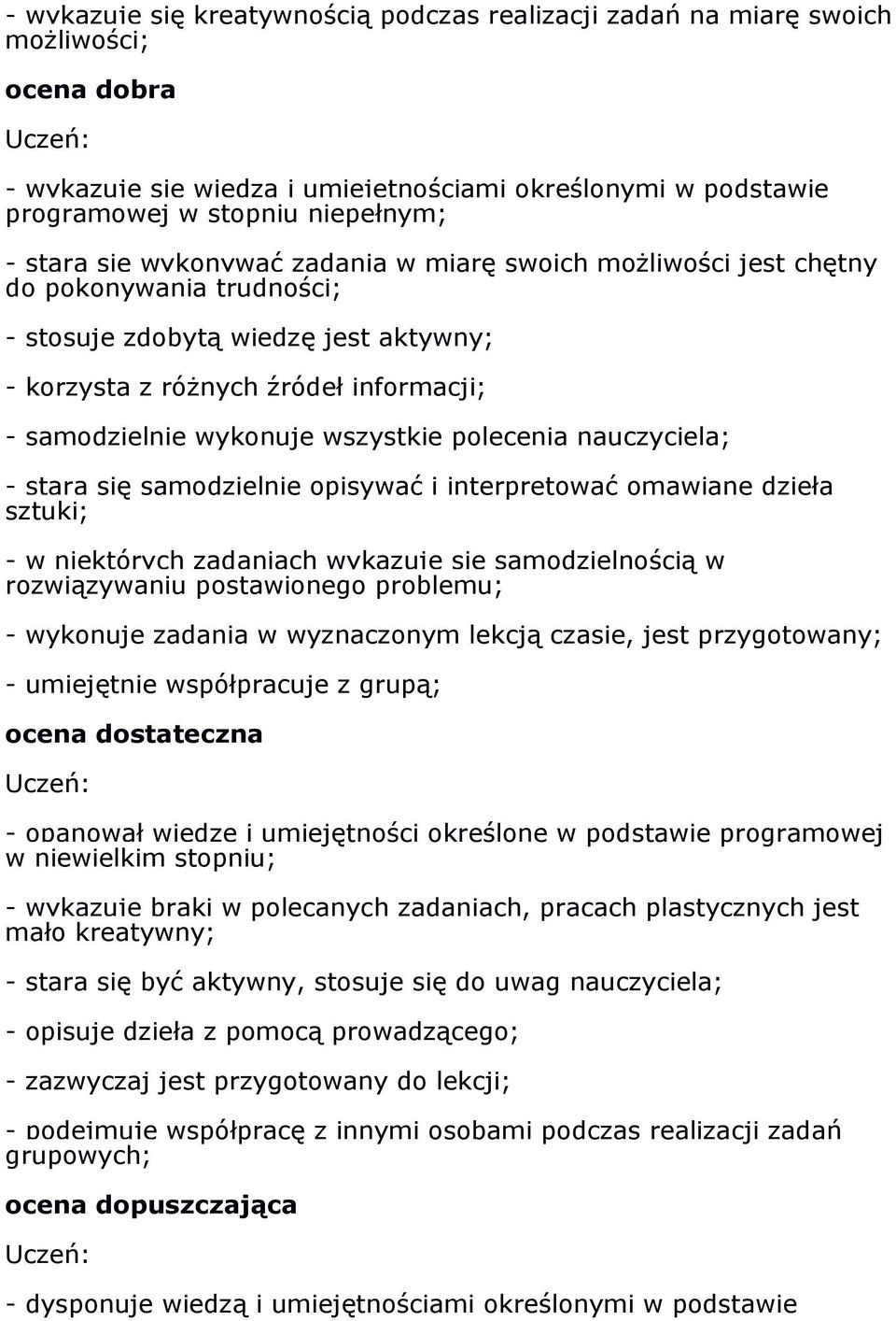 polecenia nauczyciela; - stara się samodzielnie opisywać i interpretować omawiane dzieła sztuki; - w niektórych zadaniach wykazuje się samodzielnością w rozwiązywaniu postawionego problemu; -