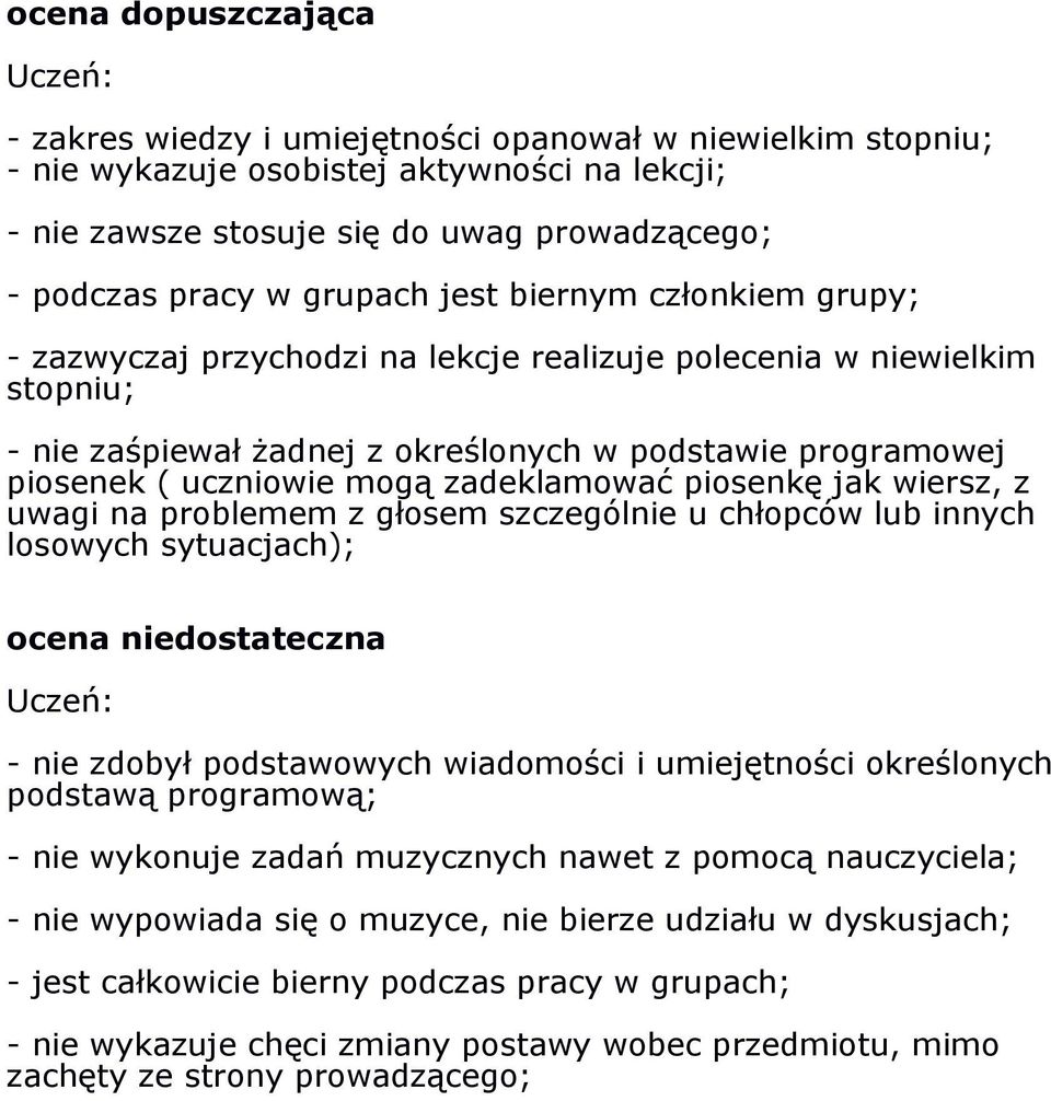 zadeklamować piosenkę jak wiersz, z uwagi na problemem z głosem szczególnie u chłopców lub innych losowych sytuacjach); ocena niedostateczna - nie zdobył podstawowych wiadomości i umiejętności