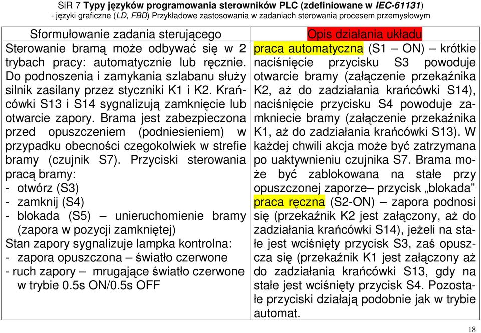 Przyciski sterowania pracą bramy: - otwórz (S3) - zamknij (S4) - blokada (S5) unieruchomienie bramy (zapora w pozycji zamkniętej) Stan zapory sygnalizuje lampka kontrolna: - zapora opuszczona światło