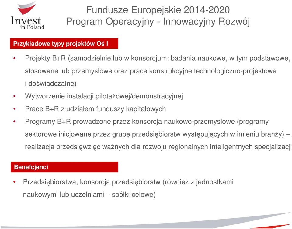 funduszy kapitałowych Programy B+R prowadzone przez konsorcja naukowo-przemysłowe (programy sektorowe inicjowane przez grupę przedsiębiorstw występujących w imieniu branży)