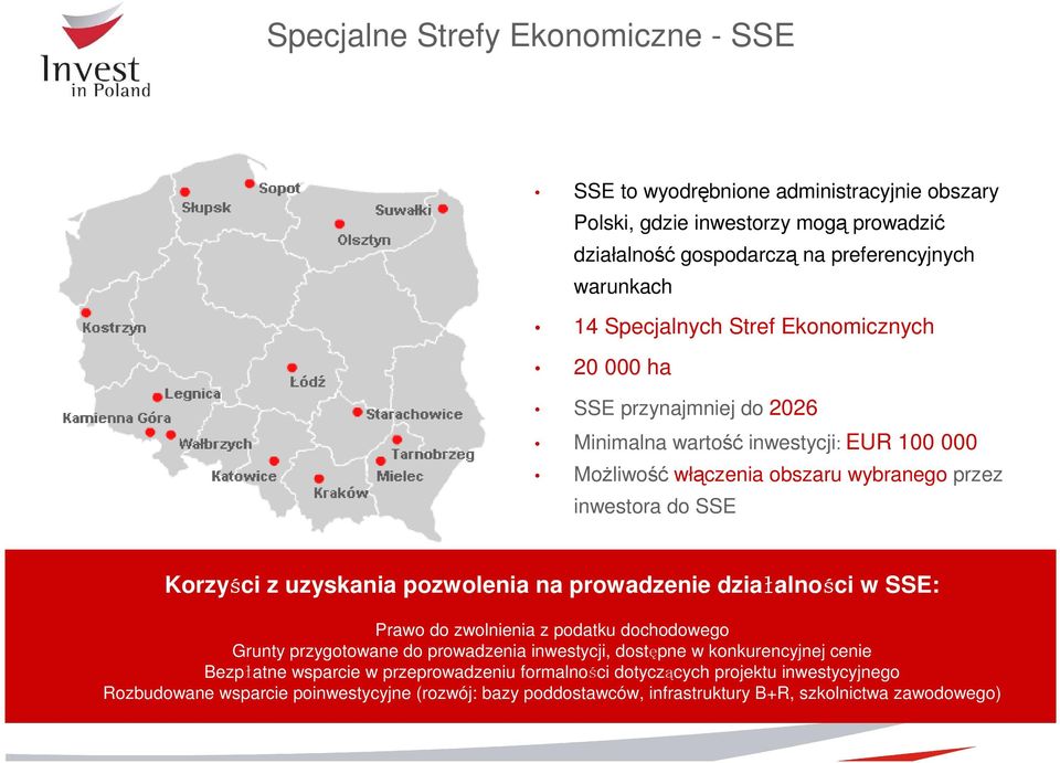 uzyskania pozwolenia na prowadzenie działalności w SSE: Prawo do zwolnienia z podatku dochodowego Grunty przygotowane do prowadzenia inwestycji, dostępne w konkurencyjnej cenie