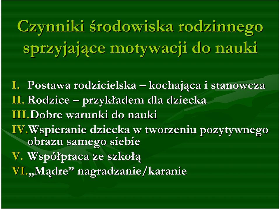 Rodzice przykładem dla dziecka III.Dobre warunki do nauki IV.