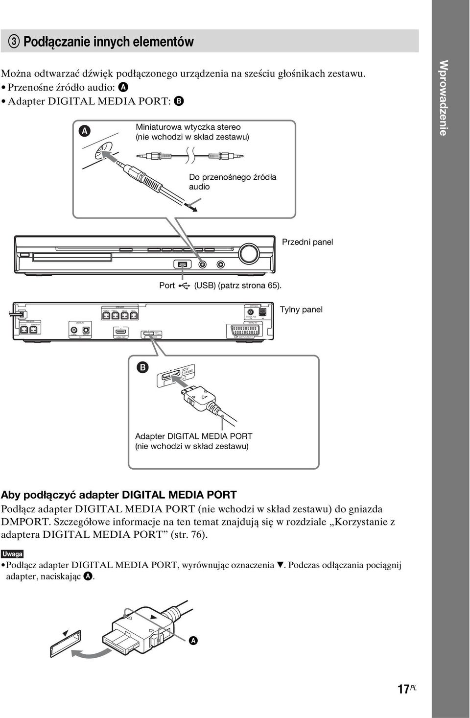 Przenośne źródło audio: A Adapter DIGITAL MEDIA PORT: B Miniaturowa wtyczka stereo (nie wchodzi w skład zestawu) Wprowadzenie Do przenośnego źródła audio Przedni panel Port (USB) (patrz strona 65).