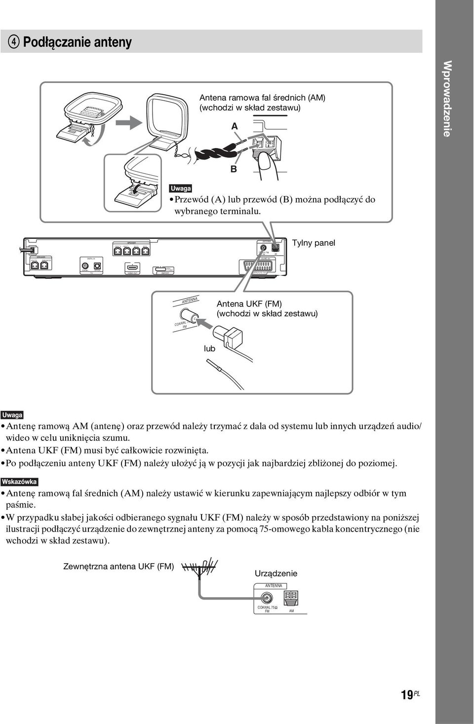 7A MAX OUTPUT(TO TV) ANTENNA COAXIAL 75 FM Antena UKF (FM) (wchodzi w skład zestawu) lub Antenę ramową AM (antenę) oraz przewód należy trzymać z dala od systemu lub innych urządzeń audio/ wideo w
