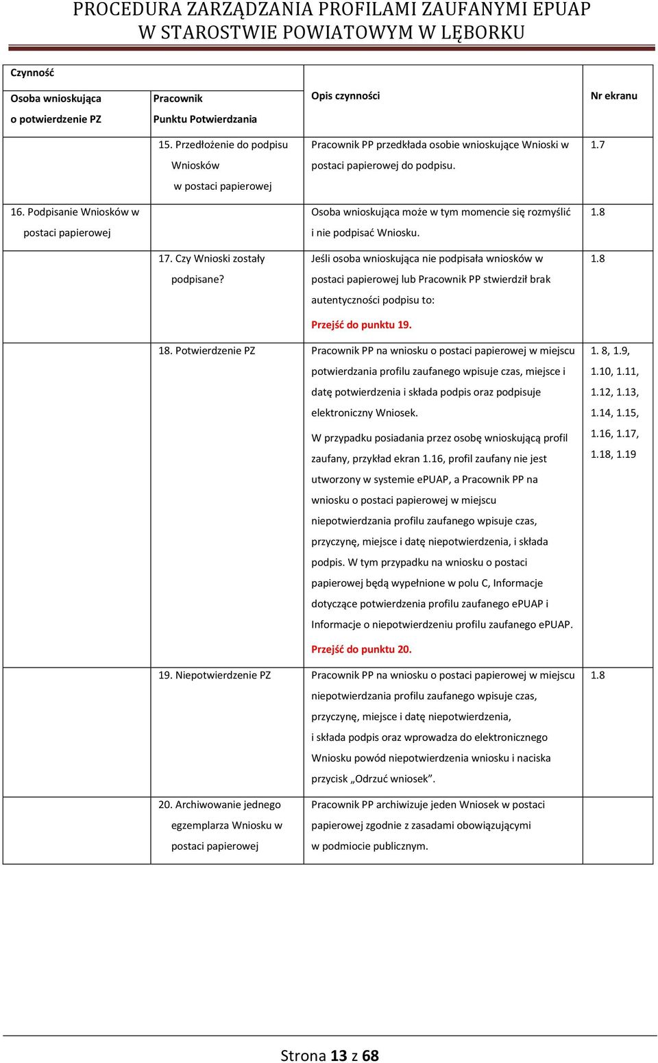 Czy Wnioski zostały Jeśli osoba wnioskująca nie podpisała wniosków w.8 podpisane? postaci papierowej lub Pracownik PP stwierdził brak autentyczności podpisu to: Przejść do punktu 9. 8.