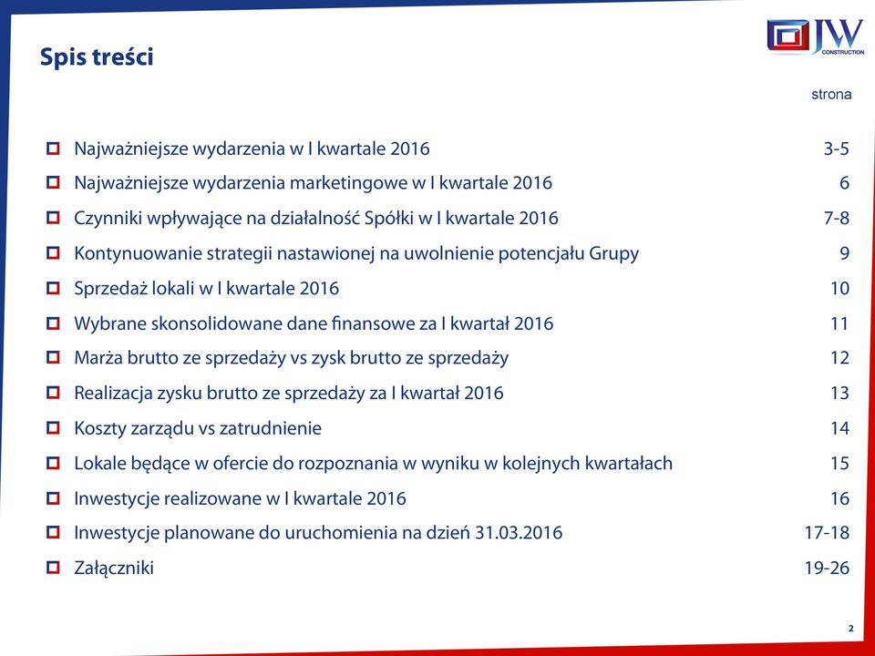 ze sprzedaży vs zysk brutto ze sprzedaży Realizacja zysku brutto ze sprzedaży za I kwartał 2016 Koszty zarządu vs zatrudnienie Lokale będące w ofercie do rozpoznania w wyniku