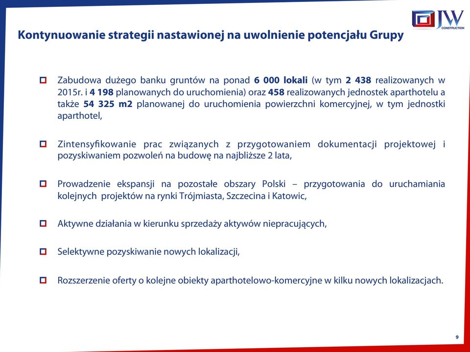 prac związanych z przygotowaniem dokumentacji projektowej i pozyskiwaniem pozwoleń na budowę na najbliższe 2 lata, Prowadzenie ekspansji na pozostałe obszary Polski przygotowania do uruchamiania