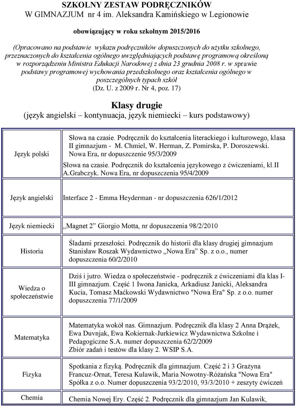 uwzględniających podstawę programową określoną w rozporządzeniu Ministra Edukacji Narodowej z dnia 23 grudnia 2008 r.