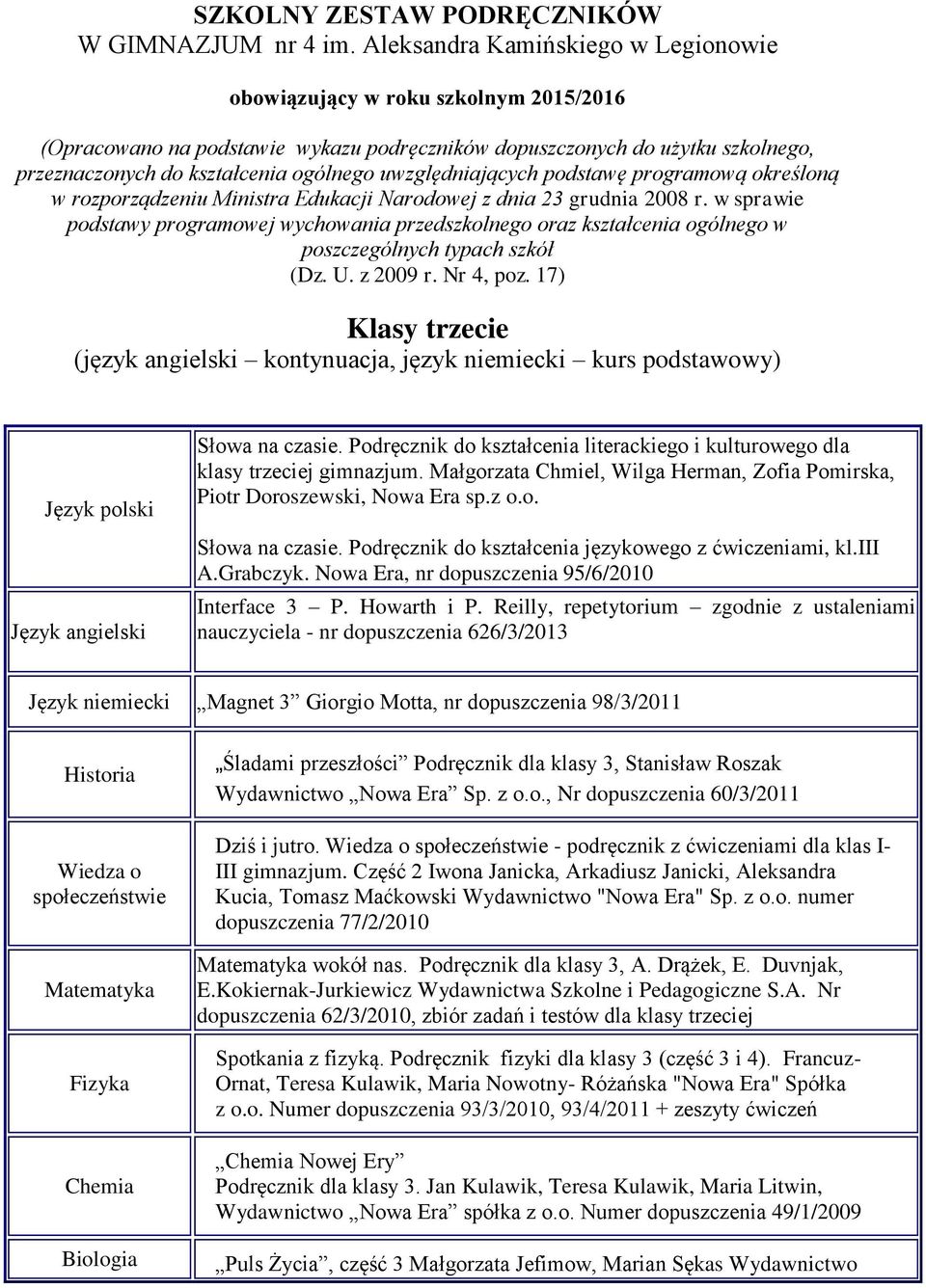 uwzględniających podstawę programową określoną w rozporządzeniu Ministra Edukacji Narodowej z dnia 23 grudnia 2008 r.