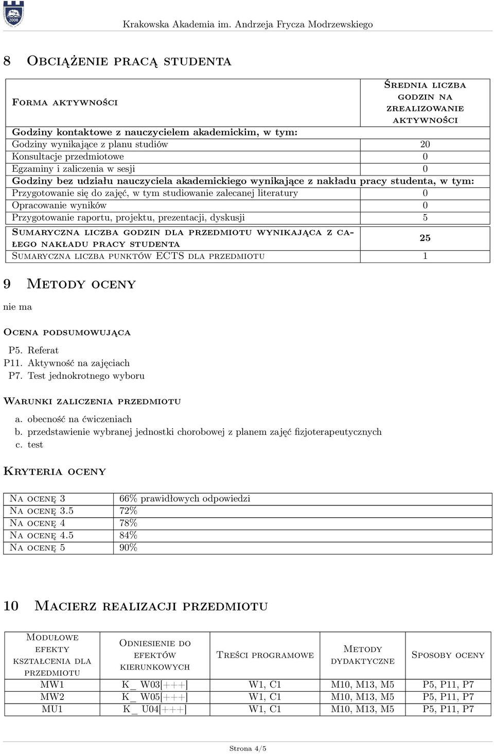 literatury 0 Opracowanie wyników 0 Przygotowanie raportu, projektu, prezentacji, dyskusji 5 Sumaryczna liczba godzin dla przedmiotu wynikająca z całego nakładu pracy studenta 25 Sumaryczna liczba