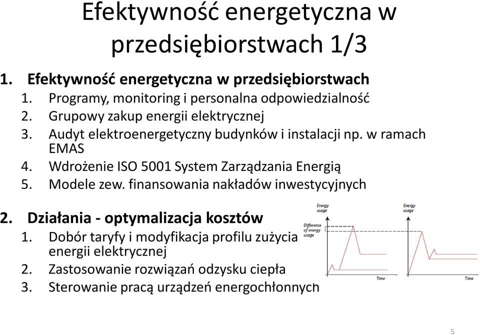 Audyt elektroenergetyczny budynków i instalacji np. w ramach EMAS 4. Wdrożenie ISO 5001 System Zarządzania Energią 5. Modele zew.