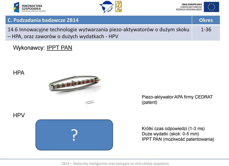 zaworów o dużych wydatkach - HPV Wykonawcy: IPPT PAN 1-36 HPA HPV