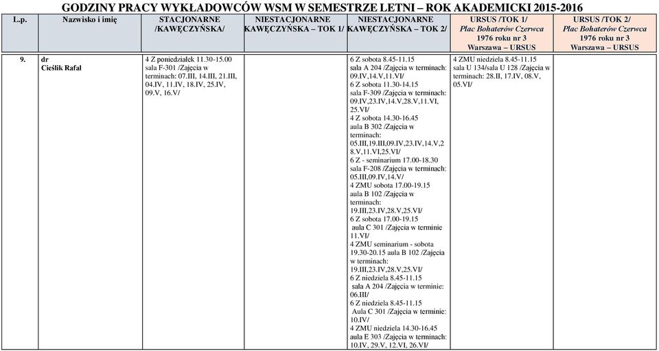 00-18.30 sala F-208 /Zajęcia w 05.III,09.IV,14.V/ 4 ZMU sobota 17.00-19.15 19.III,23.IV,28.V,25.VI/ 6 Z sobota 17.00-19.15 aula C 301 /Zajęcia w terminie 11.VI/ 4 ZMU seminarium - sobota 19.30-20.