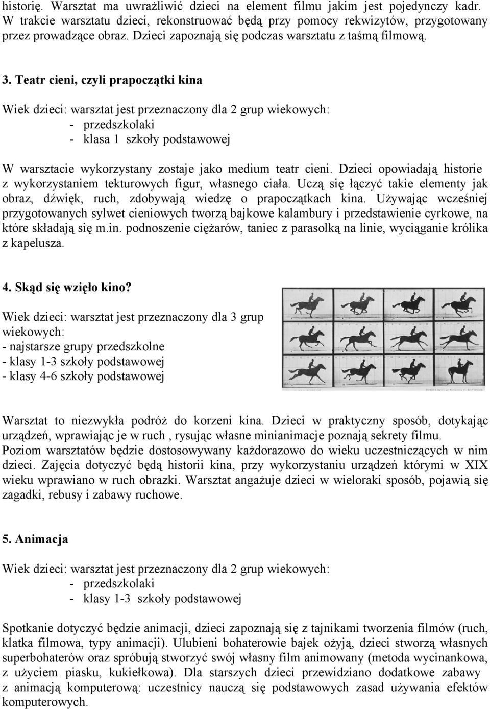 Dzieci opowiadają historie z wykorzystaniem tekturowych figur, własnego ciała. Uczą się łączyć takie elementy jak obraz, dźwięk, ruch, zdobywają wiedzę o prapoczątkach kina.