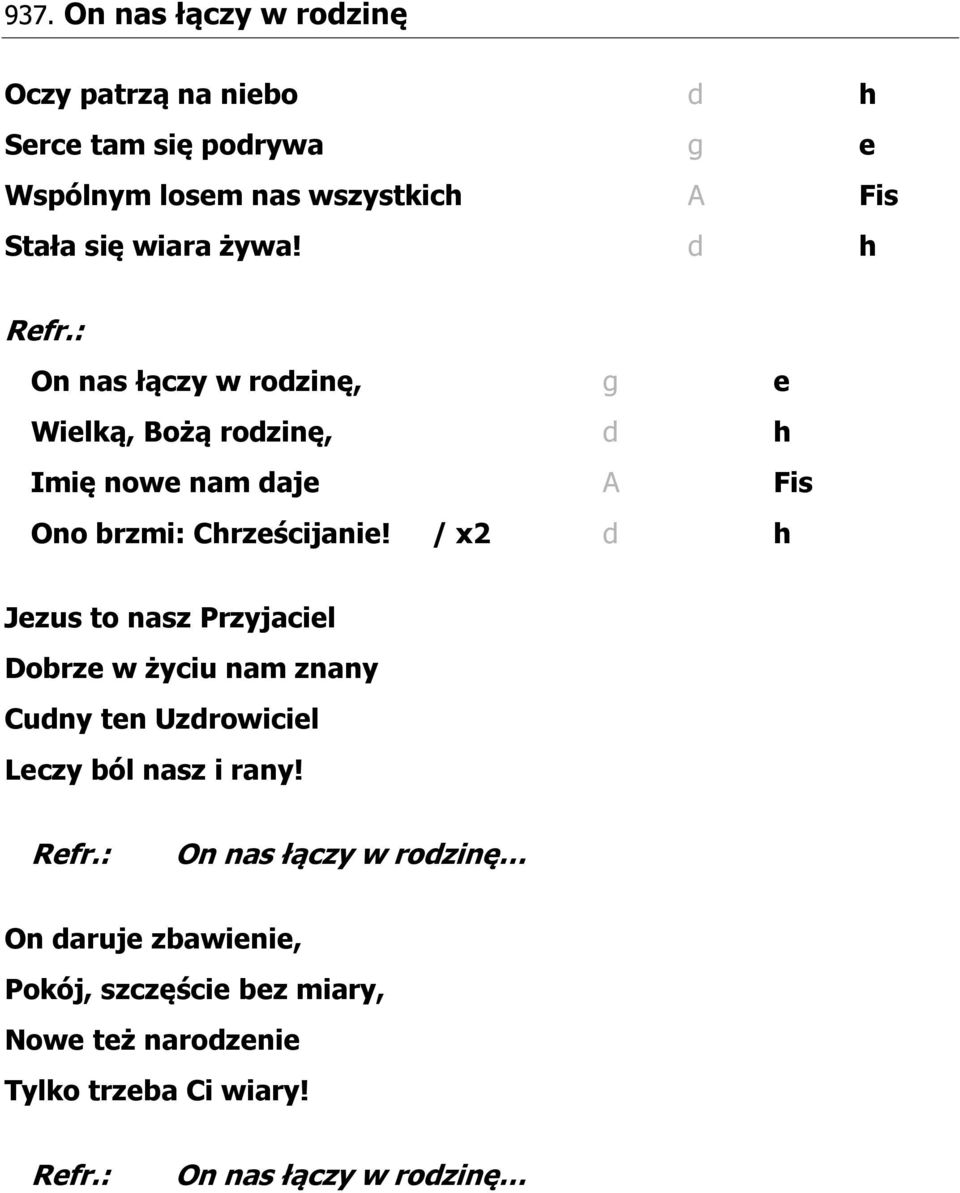 d h On nas łączy w rodzinę, g e Wielką, Bożą rodzinę, d h Imię nowe nam daje A Fis Ono brzmi: Chrześcijanie!