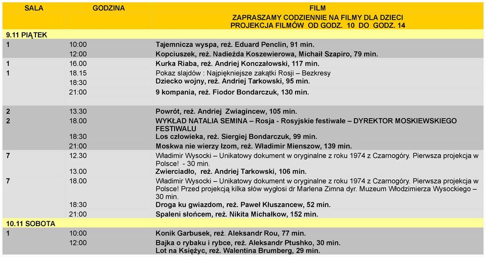 Fiodor Bondarczuk, 130 min. 2 13.30 Powrót, reż. Andriej Zwiagincew, 105 min. 2 WYKŁAD NATALIA SEMINA Rosja - Rosyjskie festiwale DYREKTOR MOSKIEWSKIEGO FESTIWALU Los człowieka, reż.