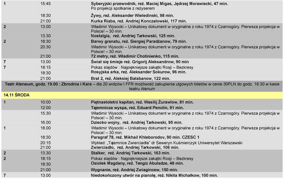 00 Świat się śmieje reż. Grigorij Aleksandrow, 90 min 7 18:15 Rosyjska arka, reż. Aleksander Sokurow, 96 min. Brat 2, reż. Aleksiej Bałabanow, 122 min. Teatr Ateneum, godz. 19.