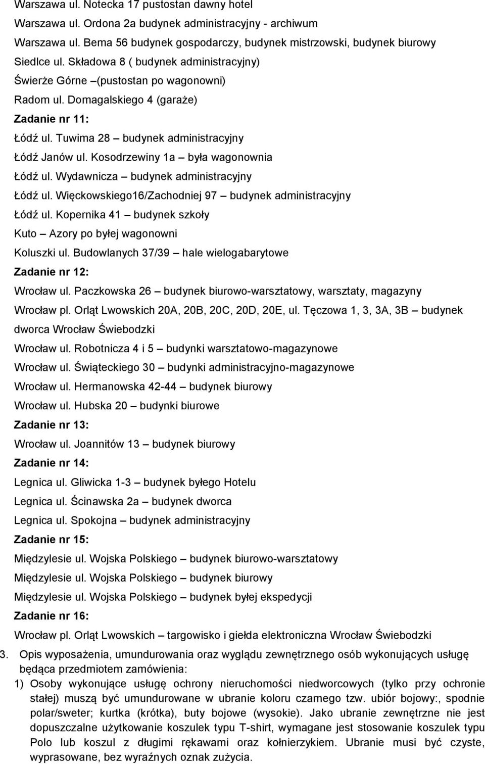 Więckowskiego16/Zachodniej 97 Łódź ul. Kopernika 41 budynek szkoły Kuto Azory po byłej wagonowni Koluszki ul. Budowlanych 37/39 hale wielogabarytowe Zadanie nr 12: Wrocław ul.