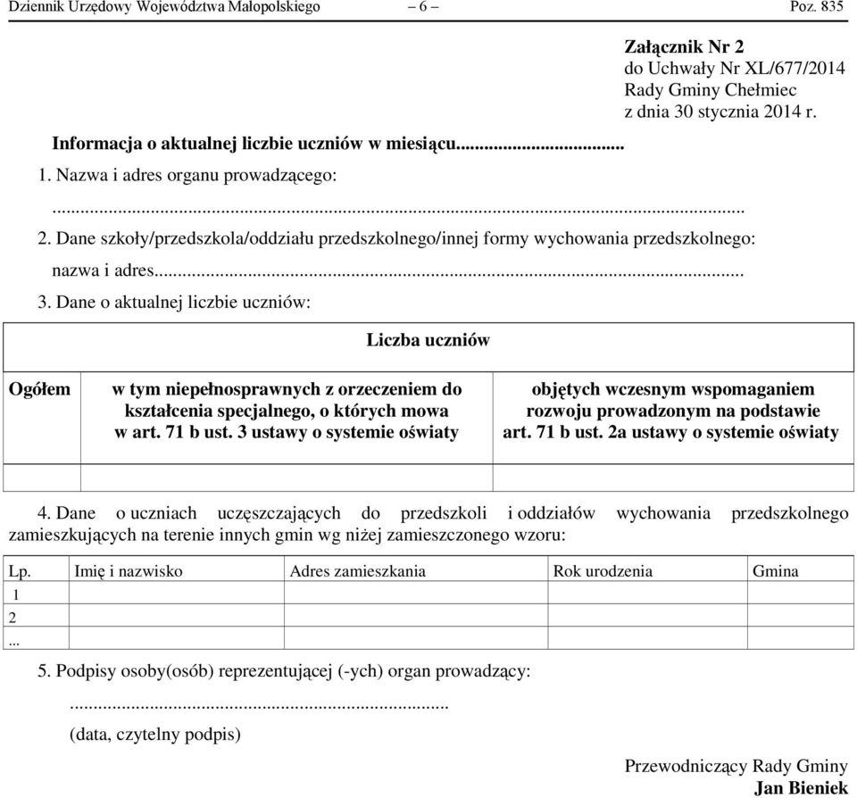 .. 3. Dane o aktualnej liczbie uczniów: Liczba uczniów Ogółem w tym niepełnosprawnych z orzeczeniem do kształcenia specjalnego, o których mowa w art. 71 b ust.