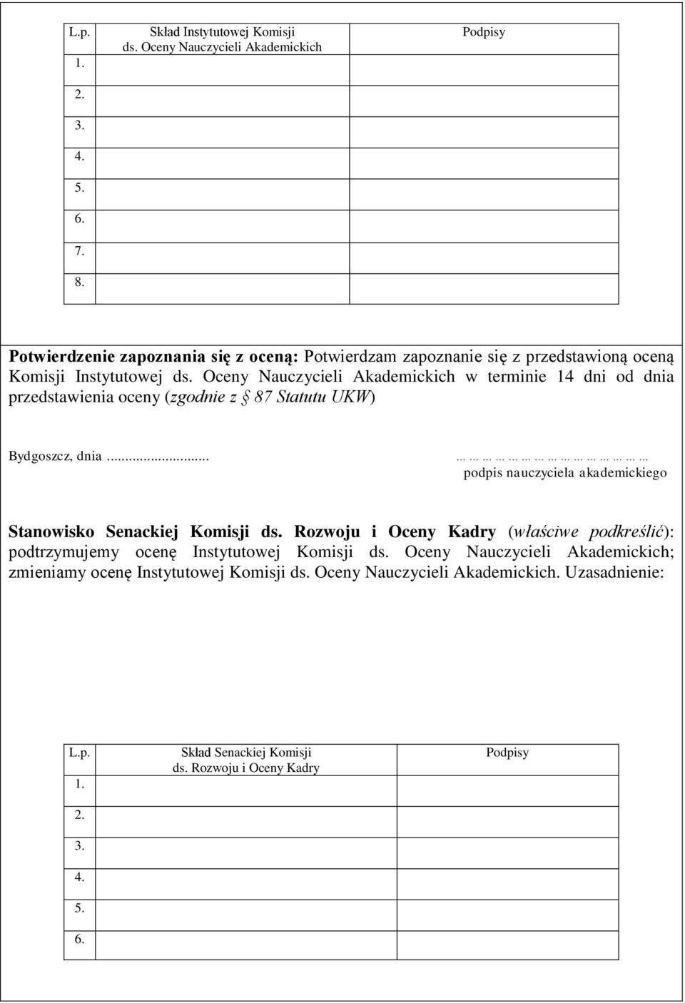 Oceny Nauczycieli Akademickich w terminie 14 dni od dnia przedstawienia oceny (zgodnie z 87 Statutu UKW) Bydgoszcz, dnia.