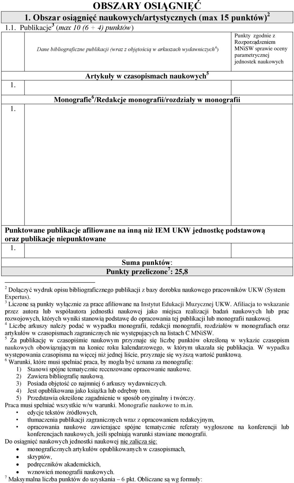 publikacje afiliowane na inną niż IEM UKW jednostkę podstawową oraz publikacje niepunktowane Suma punktów: Punkty przeliczone 7 : 25,8 2 Dołączyć wydruk opisu bibliograficznego publikacji z bazy