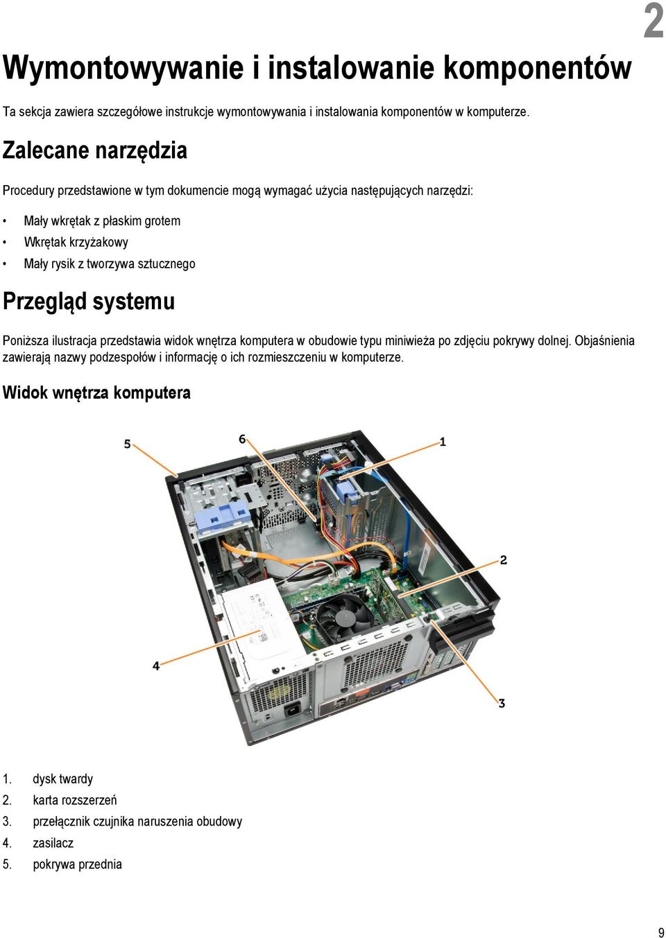 tworzywa sztucznego Przegląd systemu Poniższa ilustracja przedstawia widok wnętrza komputera w obudowie typu miniwieża po zdjęciu pokrywy dolnej.