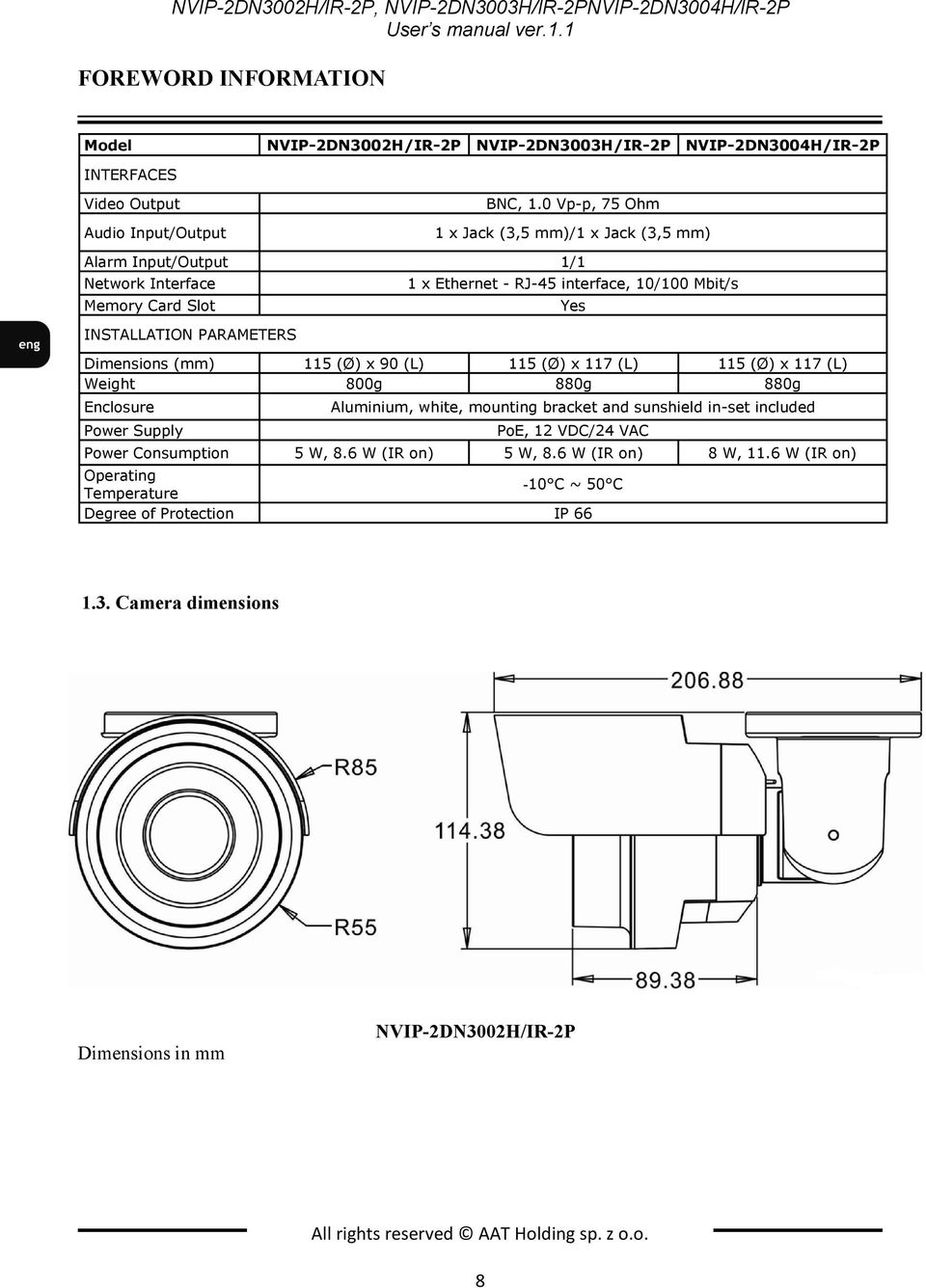 115 (Ø) x 90 (L) 115 (Ø) x 117 (L) 115 (Ø) x 117 (L) Weight 800g 880g 880g Enclosure Power Supply Yes Aluminium, white, mounting bracket and sunshield in-set included PoE, 12 VDC/24 VAC Power