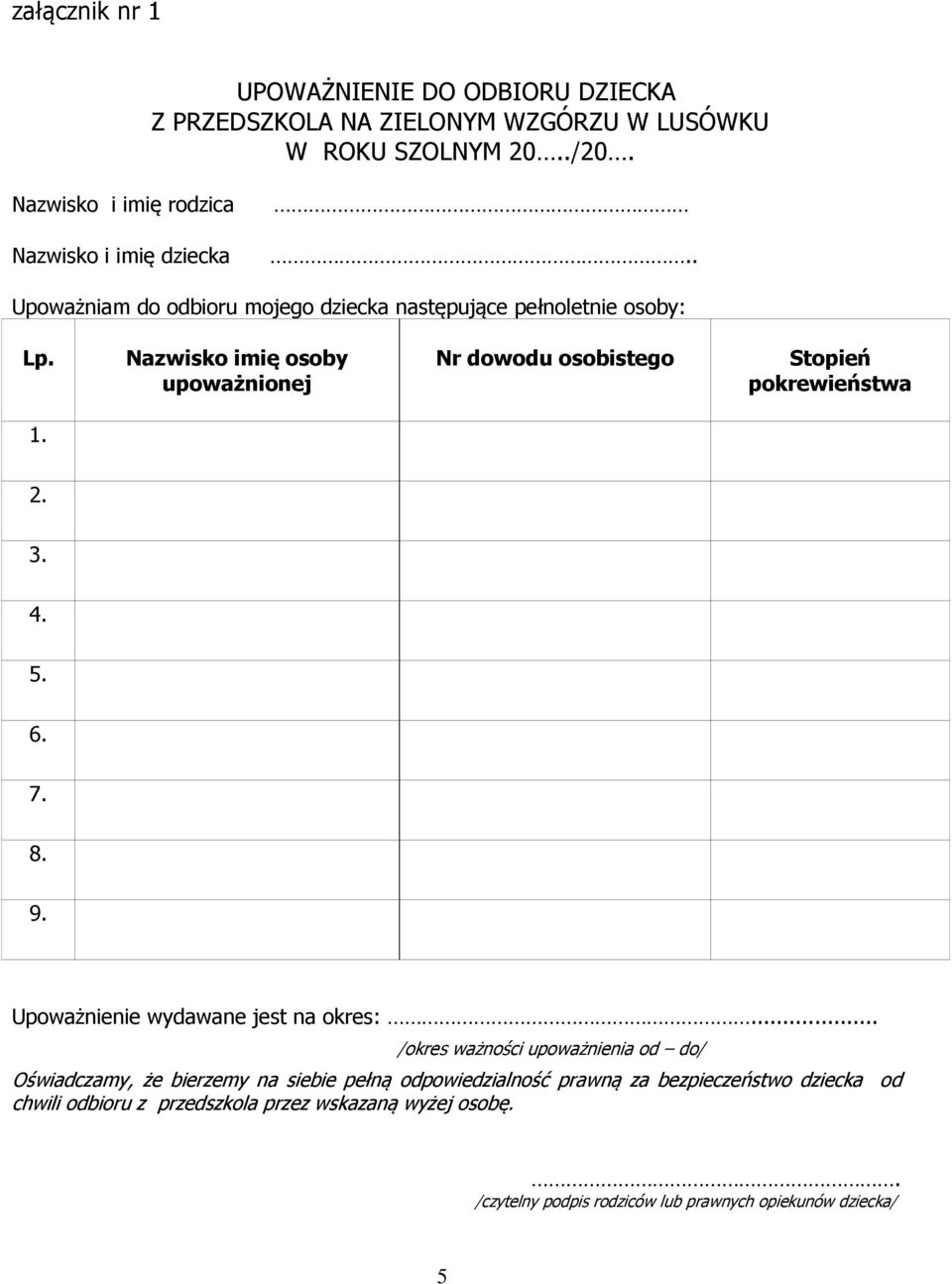 Nazwisko imię osoby upoważnionej Nr dowodu osobistego Stopień pokrewieństwa 1. 2. 3. 4. 5. 6. 7. 8. 9. Upoważnienie wydawane jest na okres:.