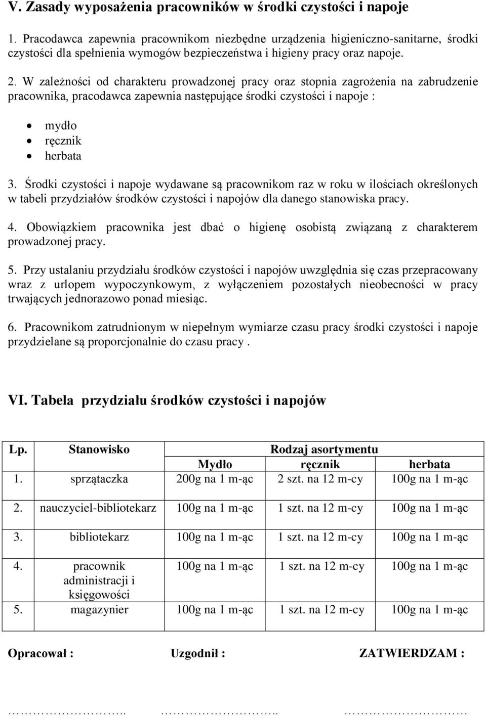 W zależności od charakteru prowadzonej pracy oraz stopnia zagrożenia na zabrudzenie pracownika, pracodawca zapewnia następujące środki czystości i napoje : mydło ręcznik herbata 3.