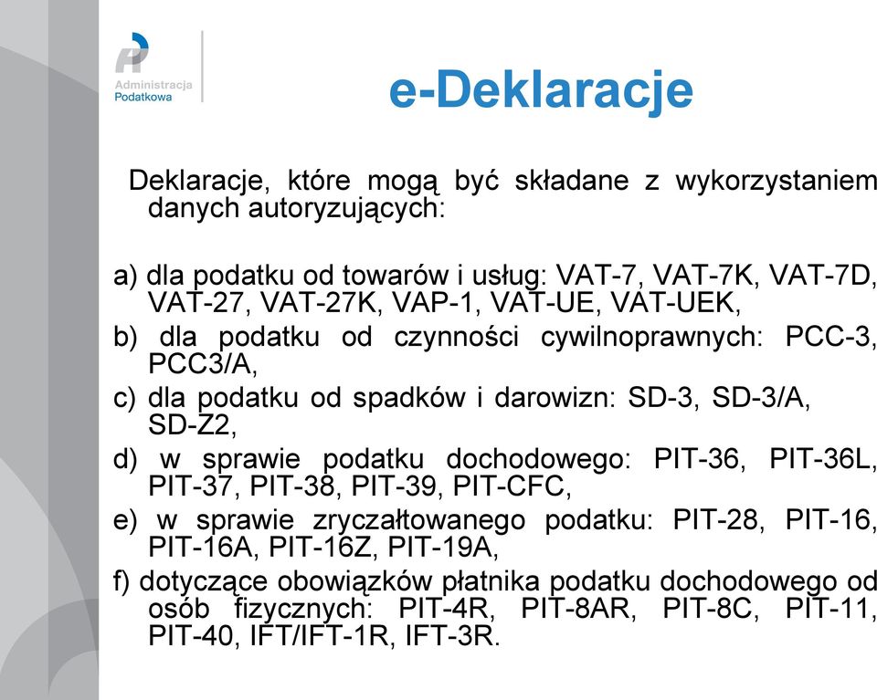 SD-3/A, SD-Z2, d) w sprawie podatku dochodowego: PIT-36, PIT-36L, PIT-37, PIT-38, PIT-39, PIT-CFC, e) w sprawie zryczałtowanego podatku: PIT-28,