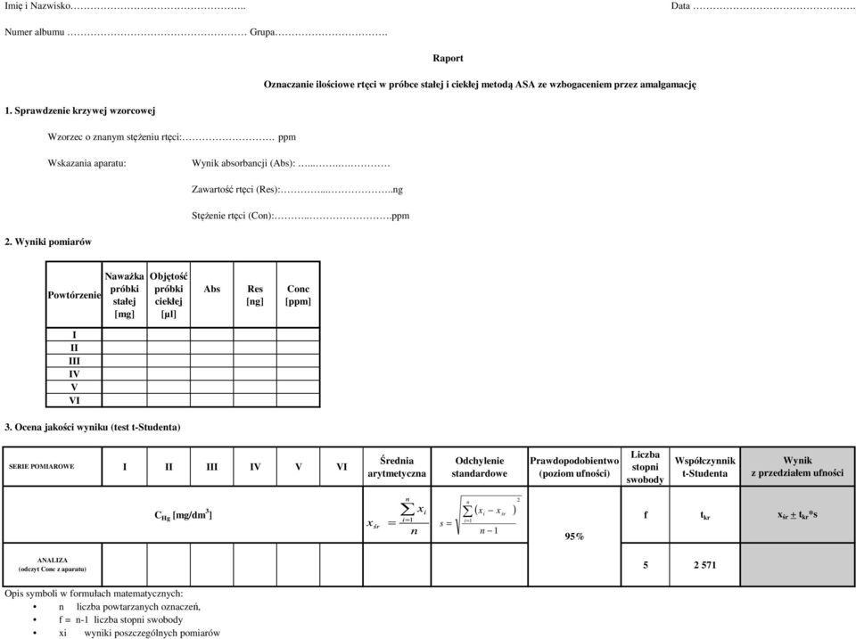 Wyiki pomiarów Powtórzeie Naważka próbki stałej [mg] Objętość próbki ciekłej [µl] Abs Res [g] Coc [ppm] I II III IV V VI 3.