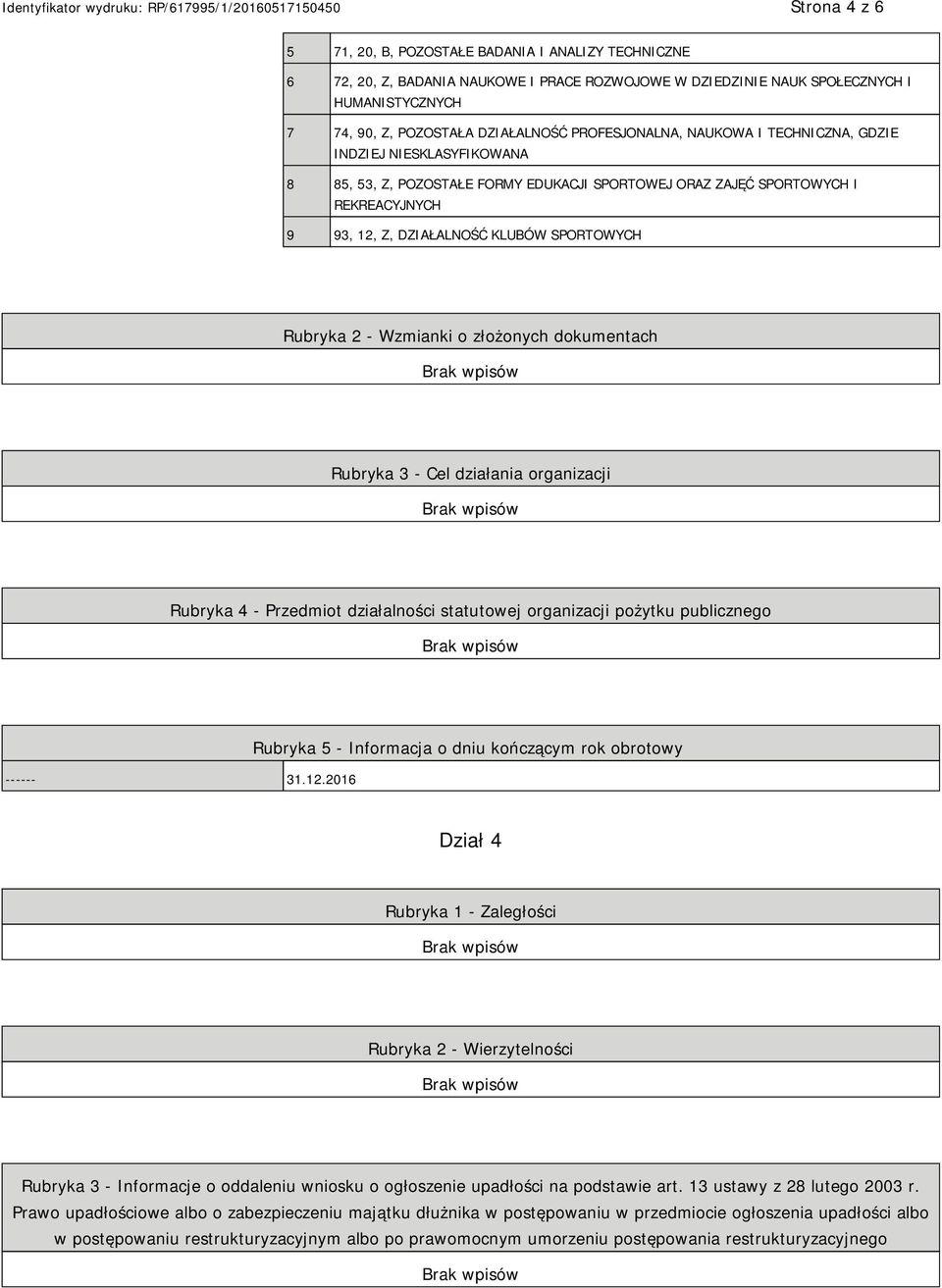 Rubryka 2 - Wzmianki o złożonych dokumentach Rubryka 3 - Cel działania organizacji Rubryka 4 - Przedmiot działalności statutowej organizacji pożytku publicznego ------ 31.12.